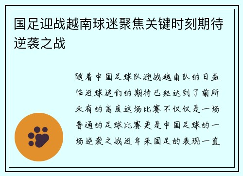 国足迎战越南球迷聚焦关键时刻期待逆袭之战