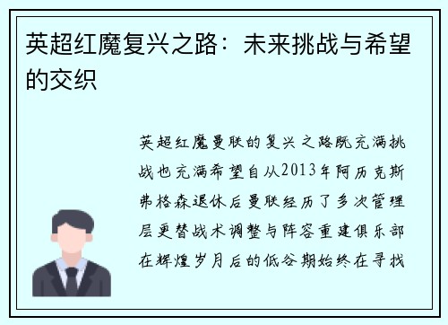 英超红魔复兴之路：未来挑战与希望的交织