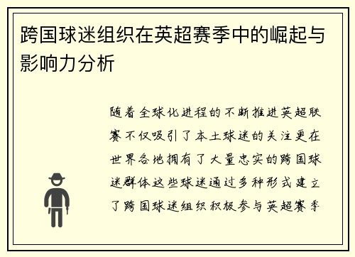 跨国球迷组织在英超赛季中的崛起与影响力分析
