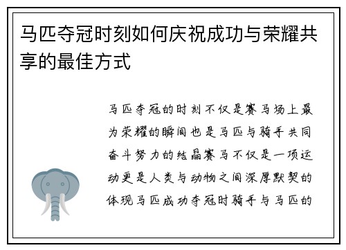 马匹夺冠时刻如何庆祝成功与荣耀共享的最佳方式 马匹夺冠时刻如何庆祝成功与荣耀共享的最佳方式