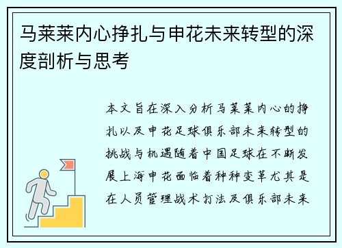 马莱莱内心挣扎与申花未来转型的深度剖析与思考